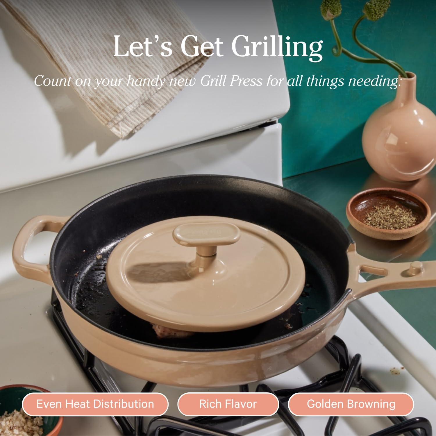 Our Place Grill Press - Cast Iron Add-On for Perfect Searing, Crispy Cooking | Heat-Resistant, Easy-Clean | Compatible with Cast Iron Always Pan | Steam