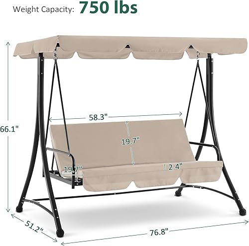 Miniatura 4 de MCombo Columpios de patio de 3 asientos con marco de acero resistente a la intemperie, toldo ajustable, columpio reclinable para porche al aire