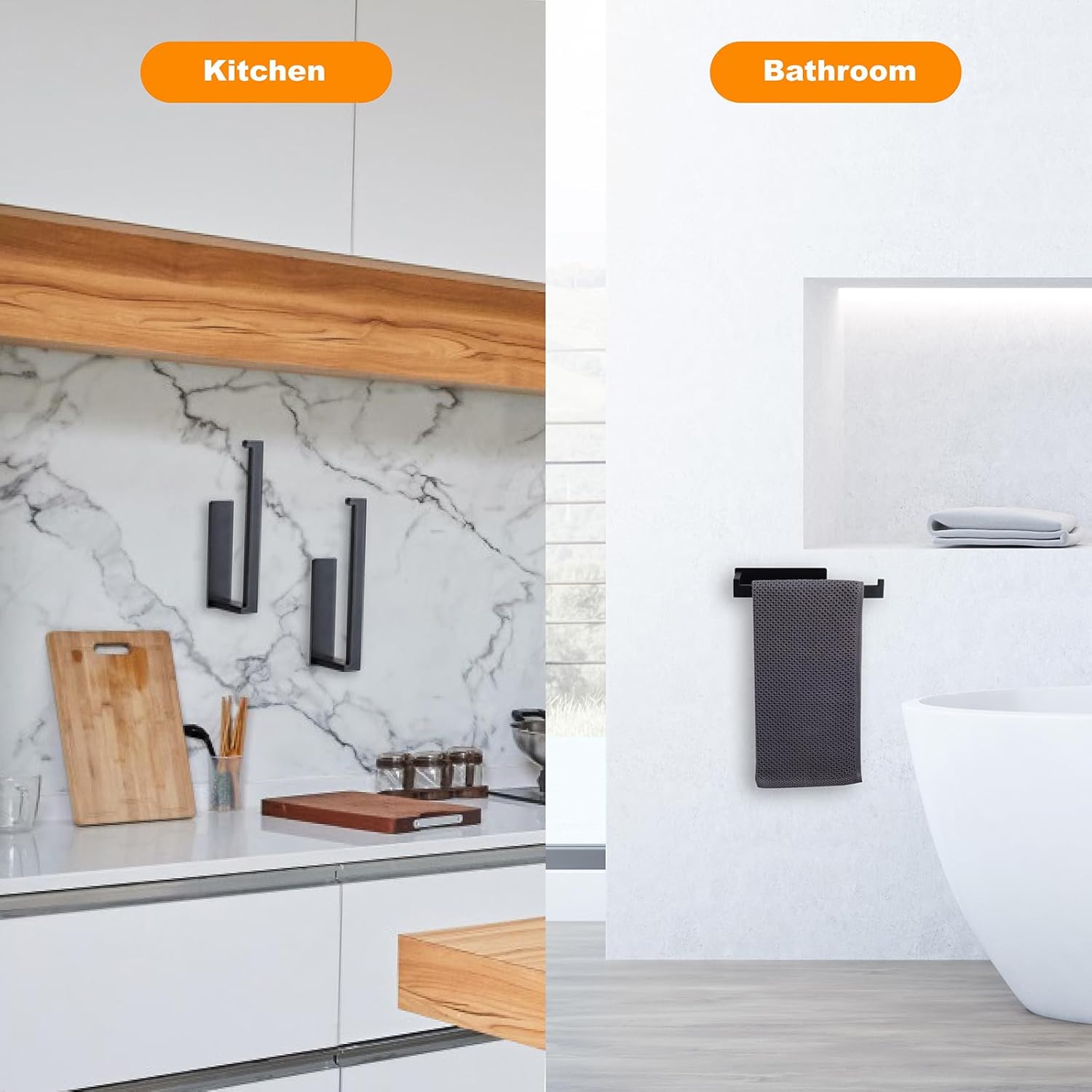 Self-Adhesive Hand Towel Holder Matte Black, Premium Stainless Steel Rustproof Hand Towel Bar no Drilling for Bathroom, Kitchen, Washroom