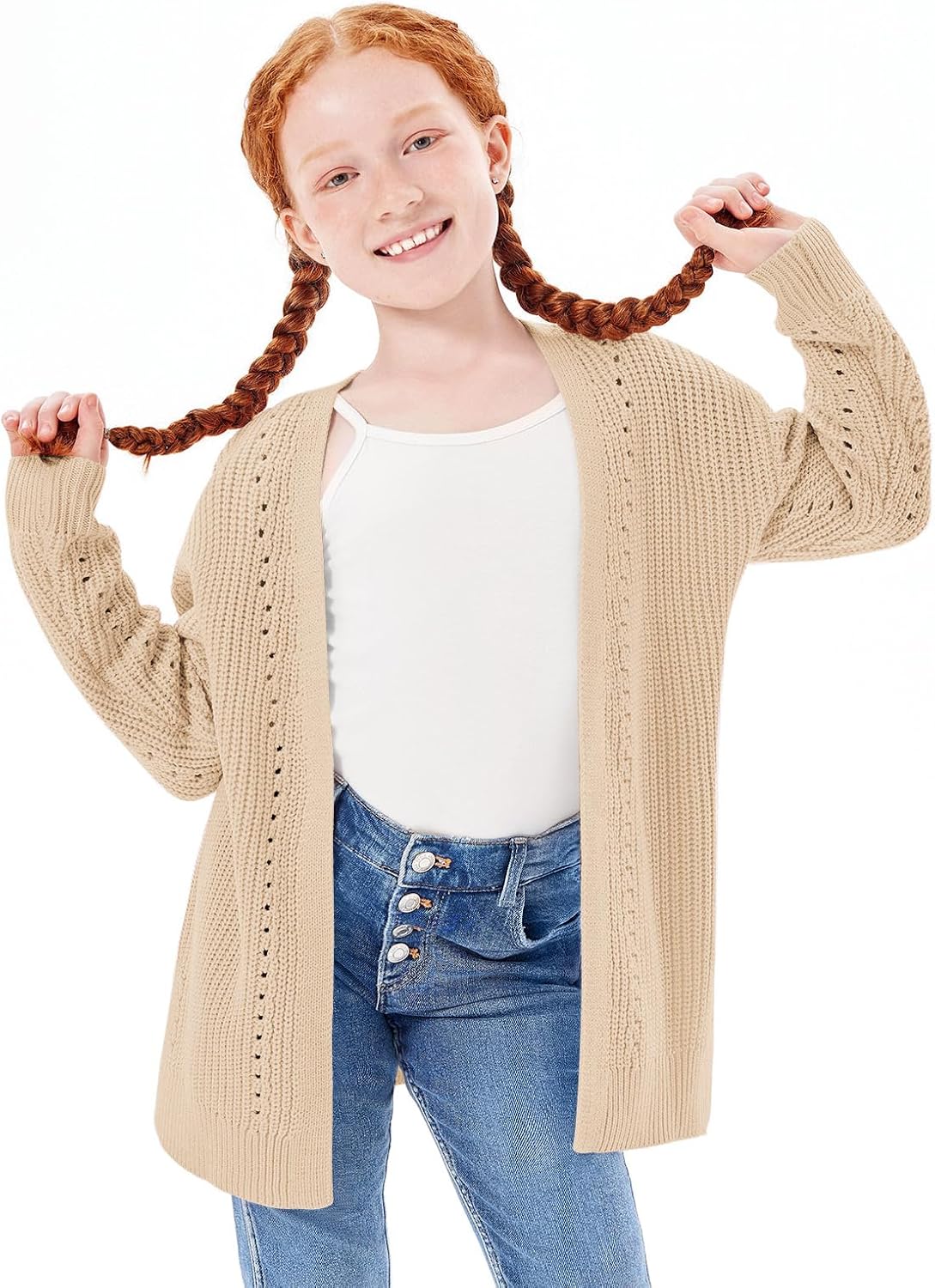 Haloumoning Girls Open Front Cardigan Sweaters Kids Fall Fashion Side Slit Outerwear 5-14 Years - Image 3