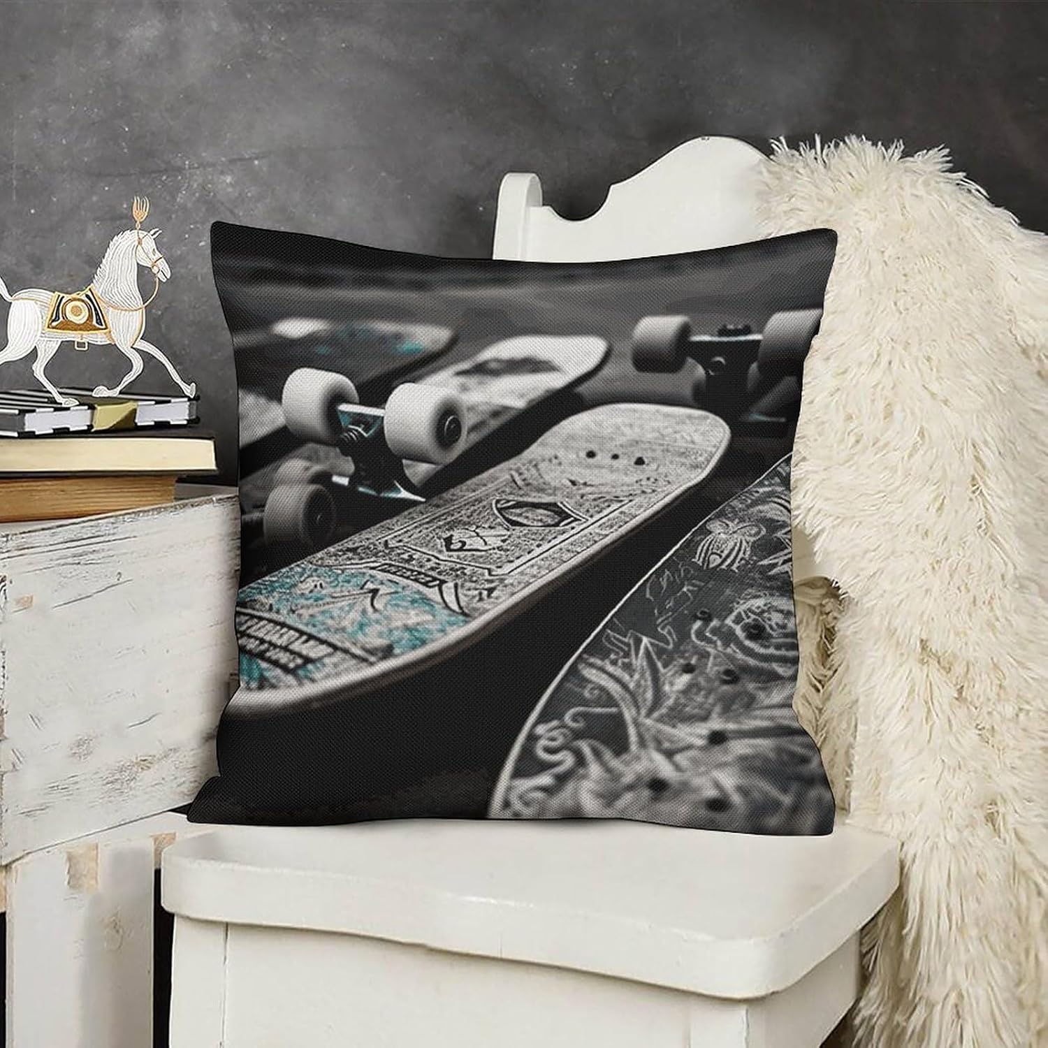 Skate Boards Pillow Protectors Cute Waterproof Pillow Cover Soft Skin-Friendly Cushion Case Decorative Square Cushion Cover for Couch Sofa Bed Living Room Bedroom