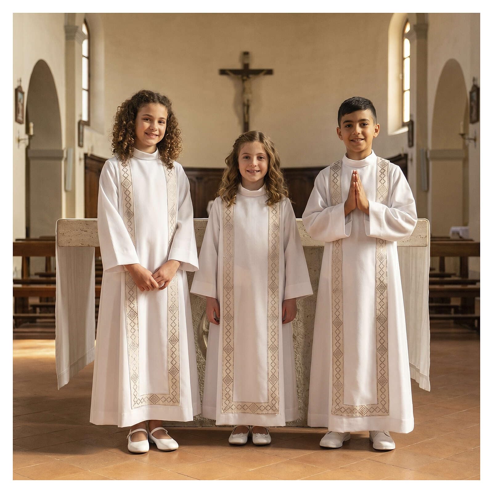 Holyart Stroje do Pierwszej Komunii: Alba komunijna unisex szkaplerz złote brzegi, 130 cm (51 inc.)