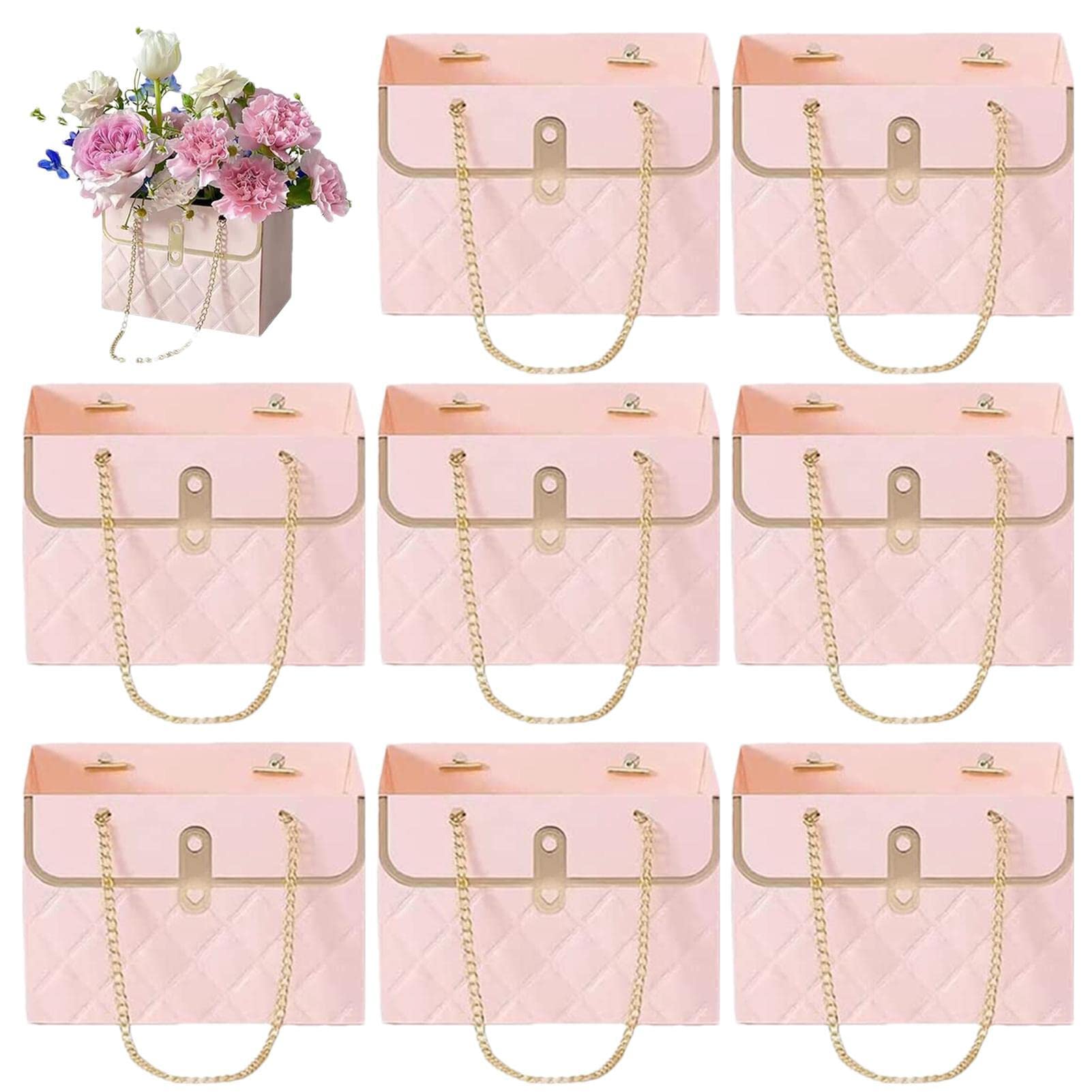 Pomurom 8Pcs Pink 8 Flower Paper Box Bouquet, Flower Bags For Bouquets, Boxes For Flower Arrangements, Flower Bouquet Boxes Florist Packaging Craft Box Vase For Wedding Graduation Decor