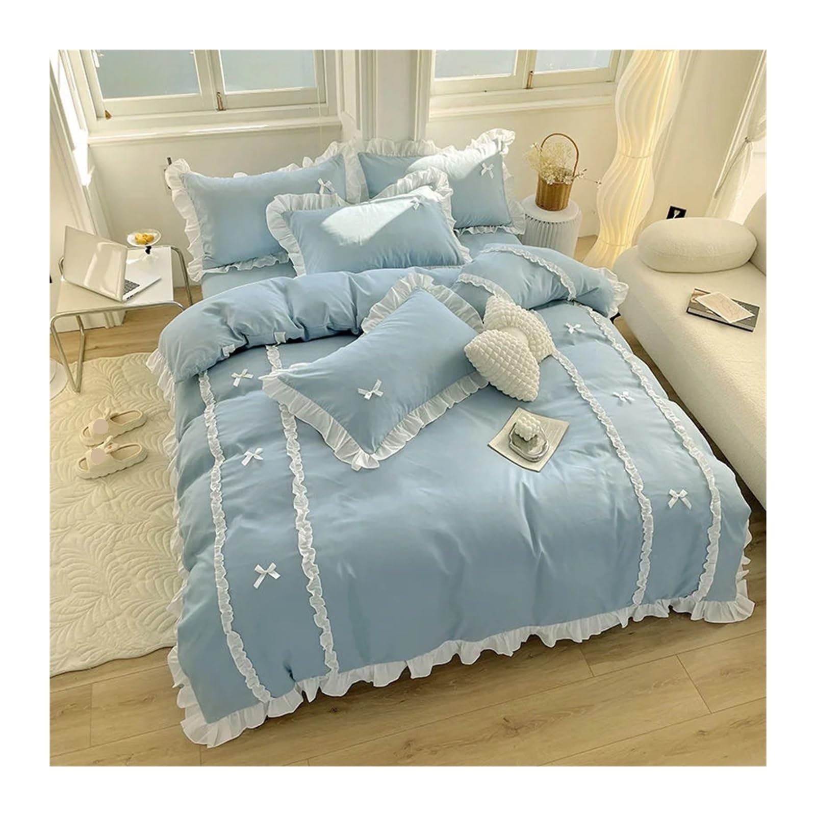 Parure de lit princesse en dentelle rose avec housse de couette 4 pièces