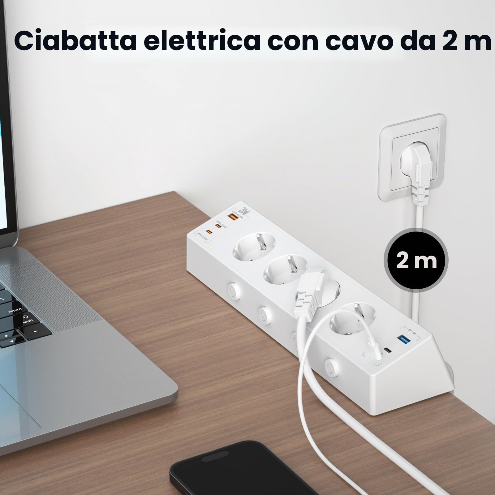Ciabatta Multipresa da Tavolo con USB C 20 W, Multipresa USB con Interruttore Commutabile Singolarmente, Ciabatta Elettrica Multipresa con 4 USB C e 2 USB A, Cavo da 2M, Bianco