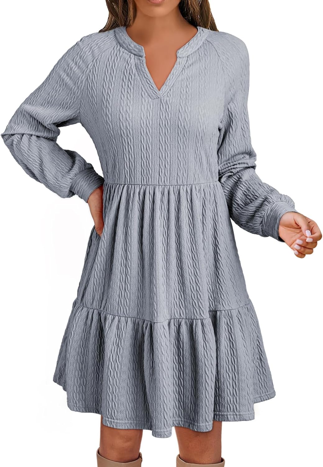 Dokotoo Fall Dresses for Women 2025 Long Sleeve V Neck Textured Casual Lightweight Tiered Ruffle A-Line Mini Babydoll Dress - Image 3