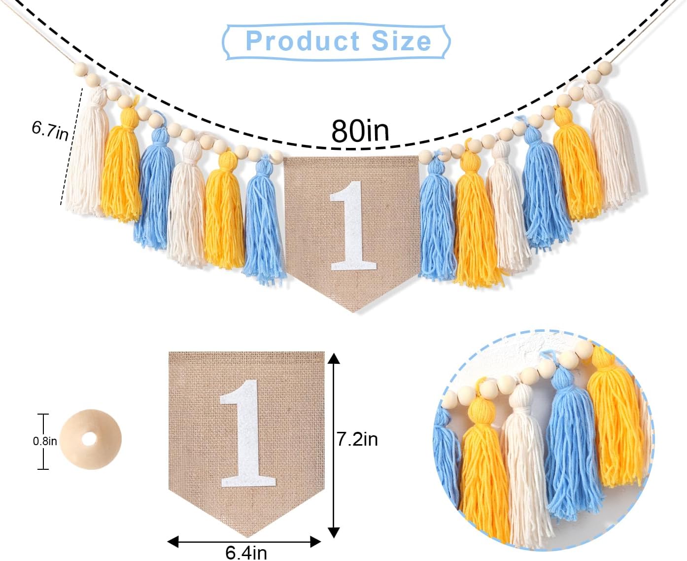 1st Birthday Banner - Pink Tassel Theme for Girl - First Birthday Party Decor - Photo Backdrop - Wall Hangings for Kids Bedroom Nursery (Yellow Blue)