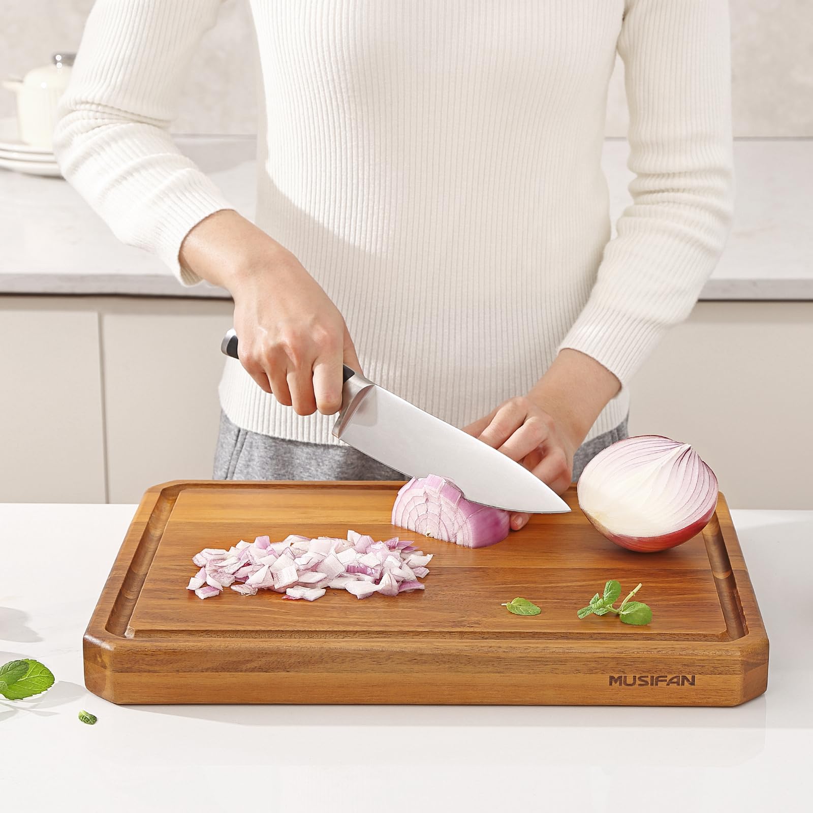 Tablas de cortar de madera de acacia para cocina, tablas de cortar grandes de madera para cortar carne, queso, frutas y verduras, tabla de embutidos extragrande con asas, ranura para jugo