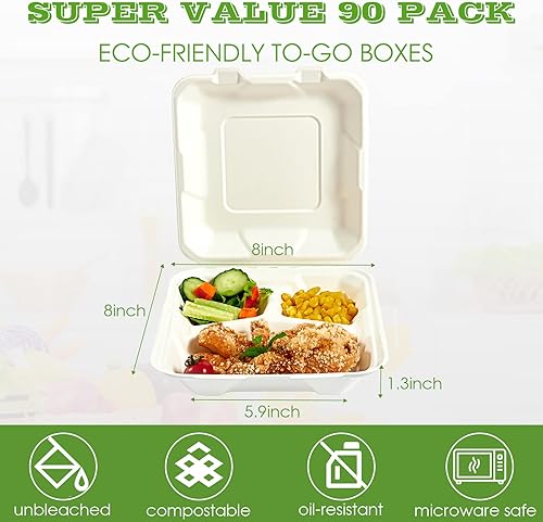 Miniatura 2 de Vplus Recipientes de comida 100% compostables para llevar, paquete de 90 recipientes desechables ecológicos de 8 x 8 pulgadas, 3 compartimentos, 3