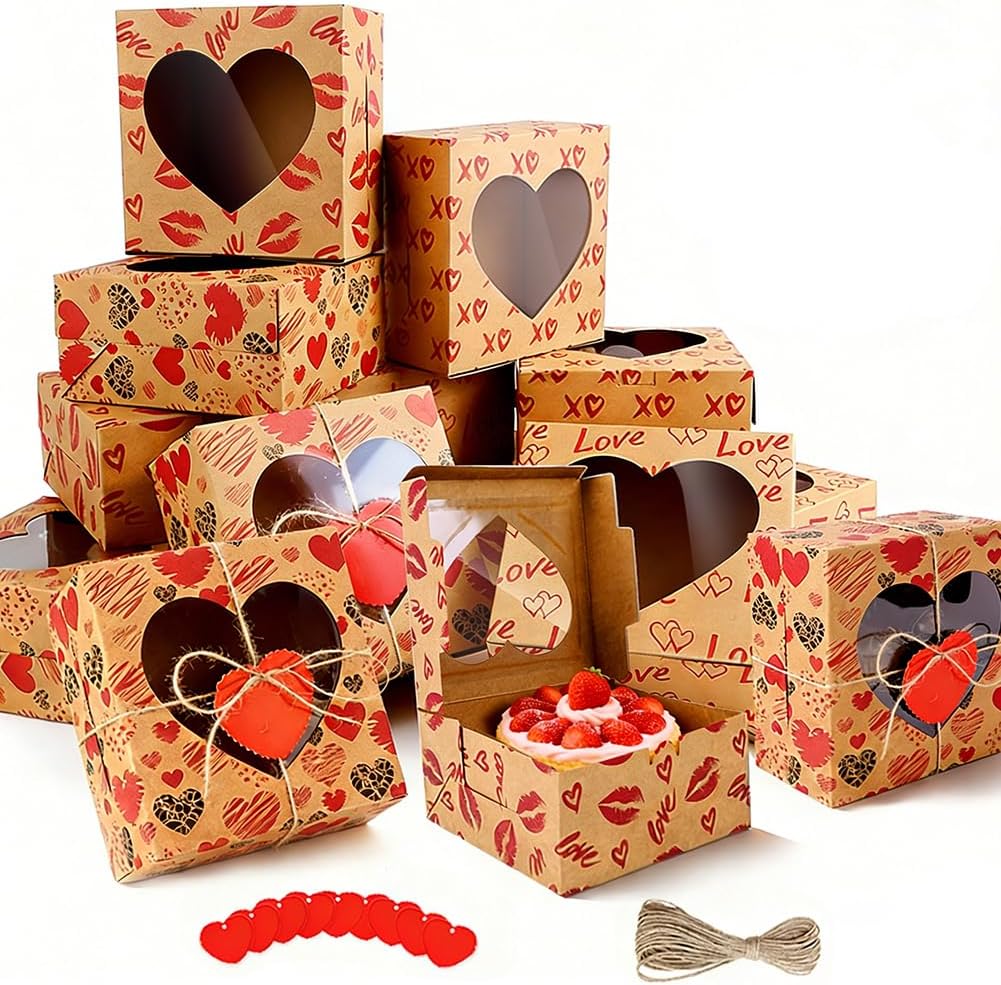 Eforcase 48PCS Cookie Box Gift Kraft Paper Bakery Treat Boxes 6x6x3 Inches Candy Box with Heart Window Cupcake Boxes with Tag Twine Candy Bakery Container for Mother's Day Weddings Party Favor