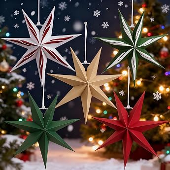 SUNBEAUTY Pack of 5 Paper Stars for Hanging Green Red 30 cm 7 Points Folding Stars Christmas Paper Stars Christmas Christmas Decoration Christmas Tree Decoration Table Decoration for Room Window Fireplace