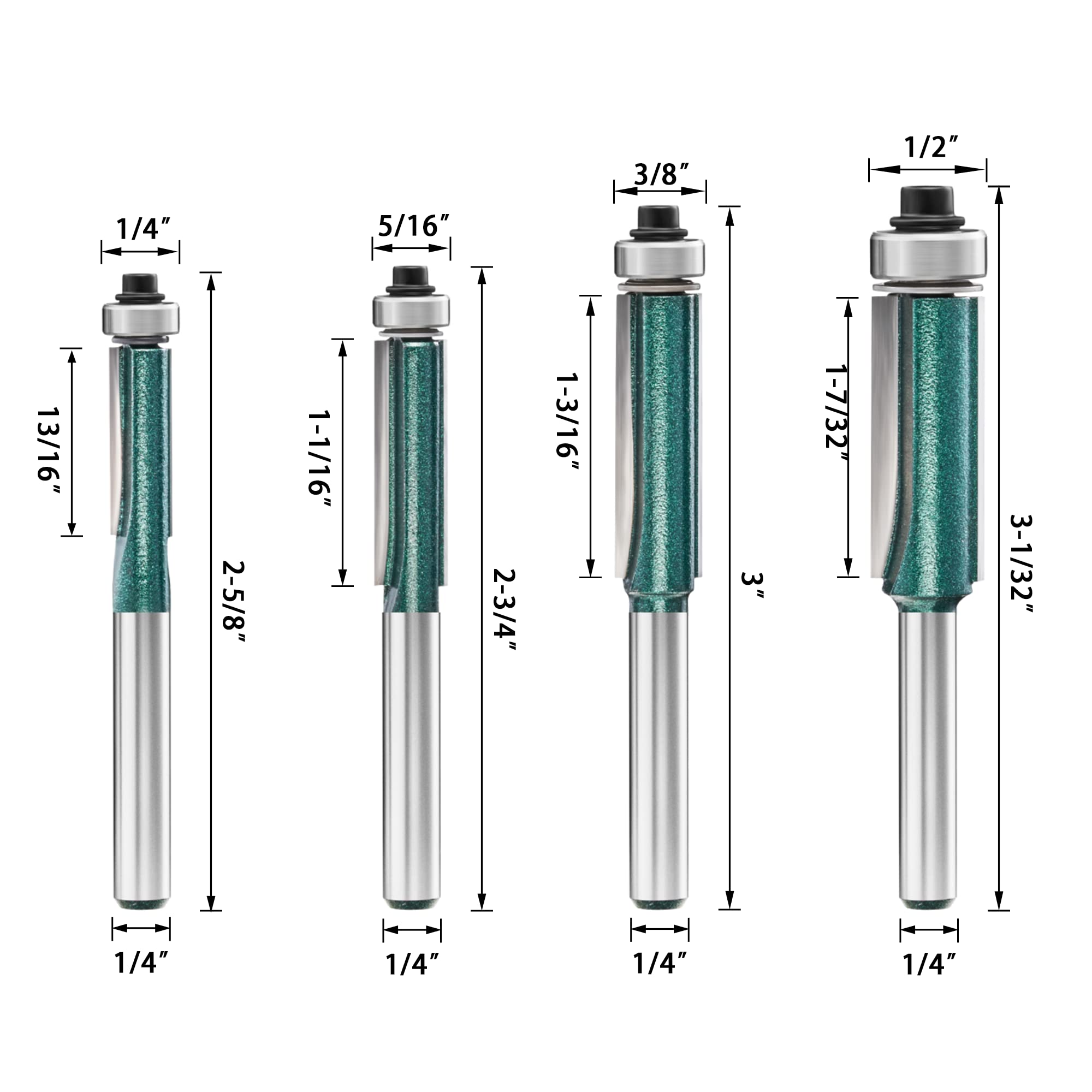 Pro - Set di 4 punte per fresa a filo con gambo 1/4, con cuscinetto superiore in carburo con 2 lame regolari, per evitare lo strappo, perfettamente adatto per lavori leggeri