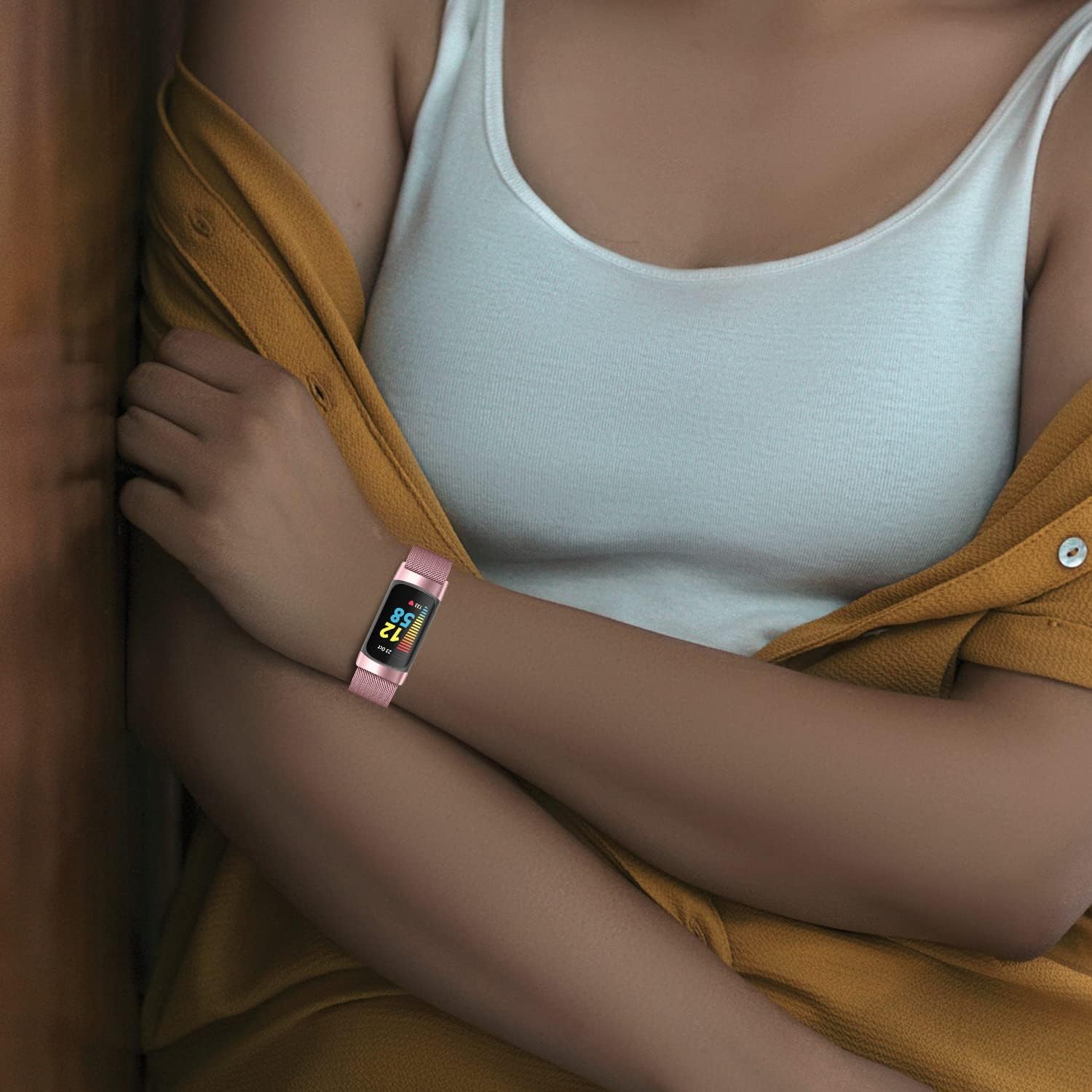 Replacement Bands for Charge 5,KangPlus Women Men Sport Slim Metal Strap Stainless Steel Bracelet Accessories Adjustable 5.3-7.9 inch Compatible with Fitbit Charge 5 - Small,Pink