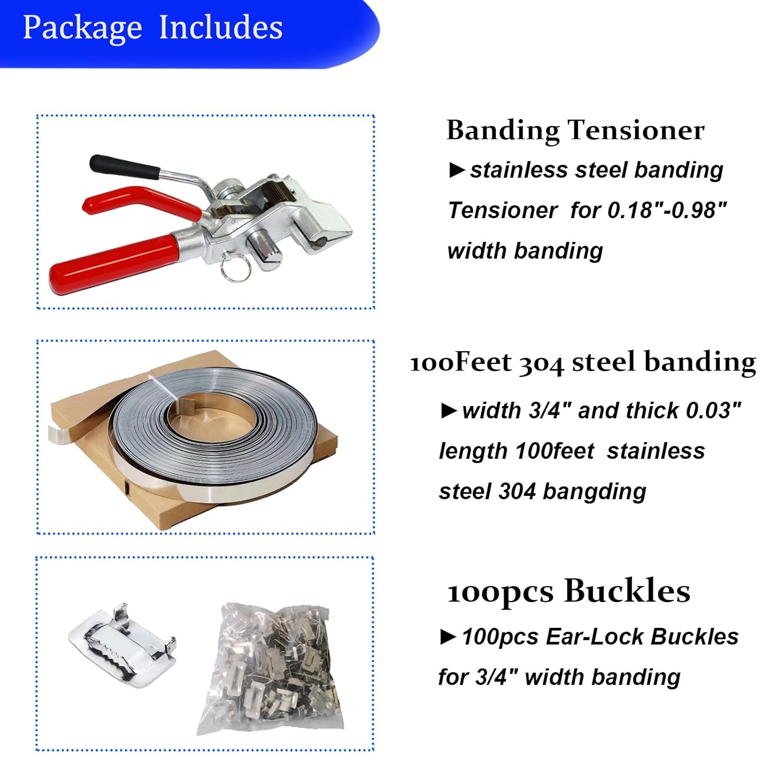Steel Banding Kit Steel Banding Strapping Kit - 3/4x100ft S304 Stainless With Tensioner Tool & 100 Buckles Manual Buckle Tool