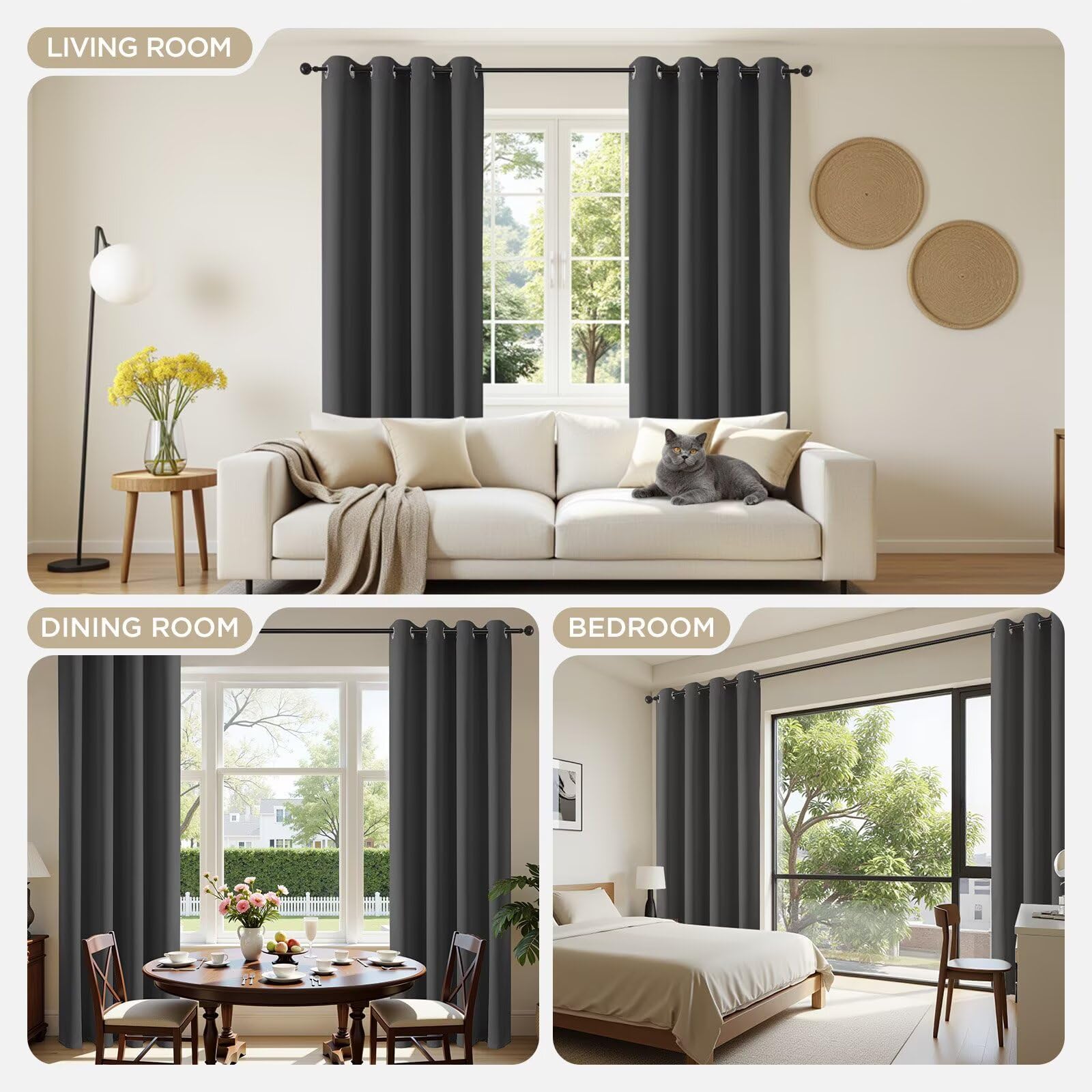 Joydeco Ensemble de 2 rideaux longs occultants à isolation thermique pour chambre à coucher et salon (gris, 94 x 213 cm (l x L)