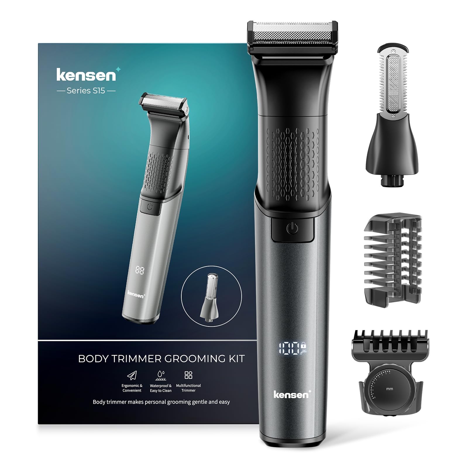 Kensen Body Hair Trimmer Men 2in1, Safe Mens Body Shaver for Intimate, Waterproof Pubic Balls Hair Shaver for Men, Ball Body Groomer with Dual Cutterheads/Adjustable Combs