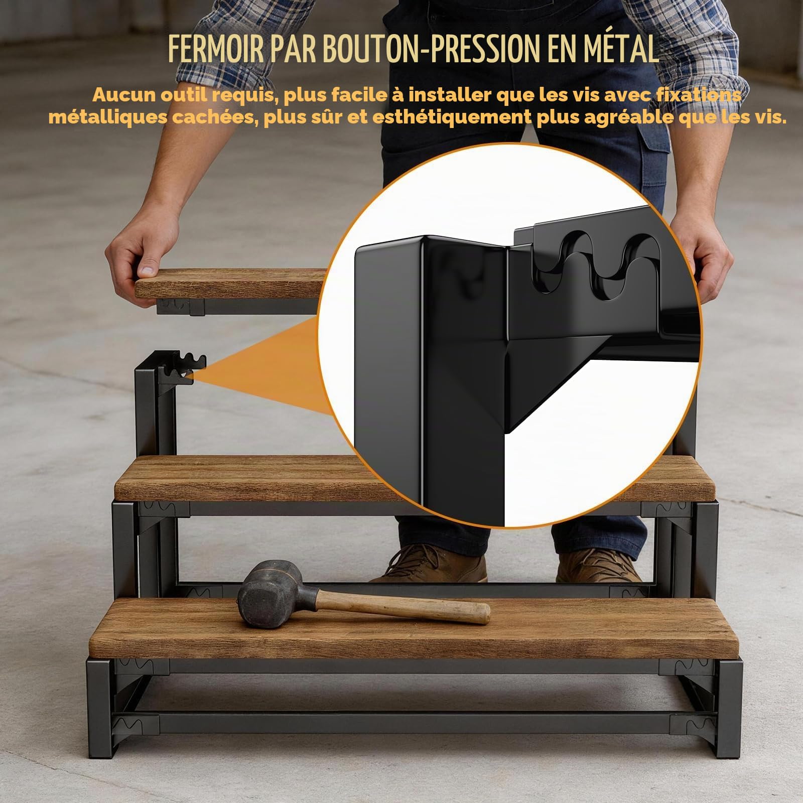 Contremarche en acier à 3 marches, limon métallique pour marche en bois, supports d'escalier autoportants pour marches intérieures et extérieures (Largeur 80 cm)