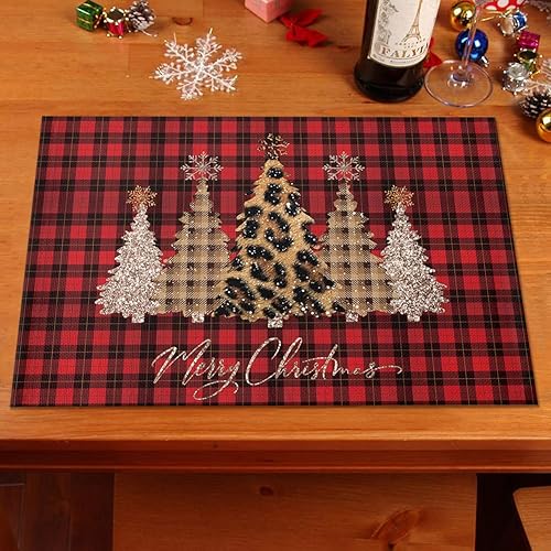 Miniatura 2 de ZHXL - Juego de 4 manteles individuales con diseño de árbol de Navidad con estampado de leopardo, línea de algodón de búfalo rojo, resistentes a las