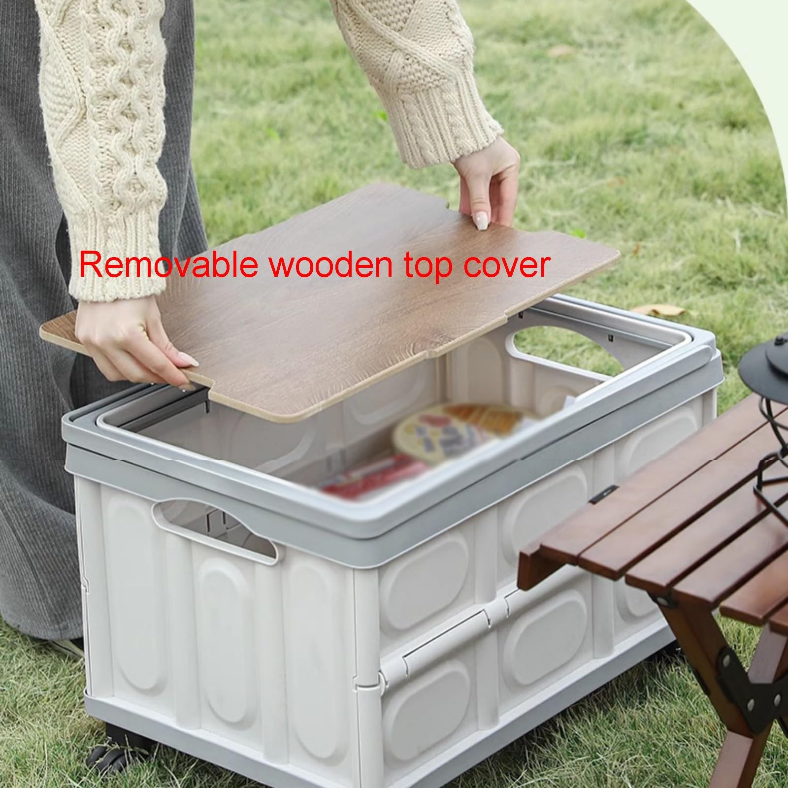 Outdoor-Camping-Aufbewahrungsbox mit hohlen Griffen, tragbarer Hand- oder Ziehwagen, abnehmbarer Holzdeckel, 18 l Fassungsvermögen, für Campingausrüstung und Zubehör