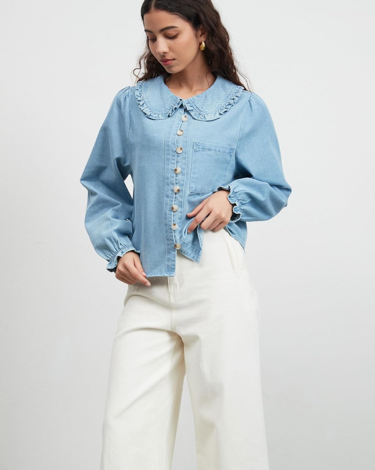 Womens Puff Long Sleeve Denim Shirts Peter Pan Collar Button Down Jean Blouse Casual Denim Tops with Pocket - Image 5