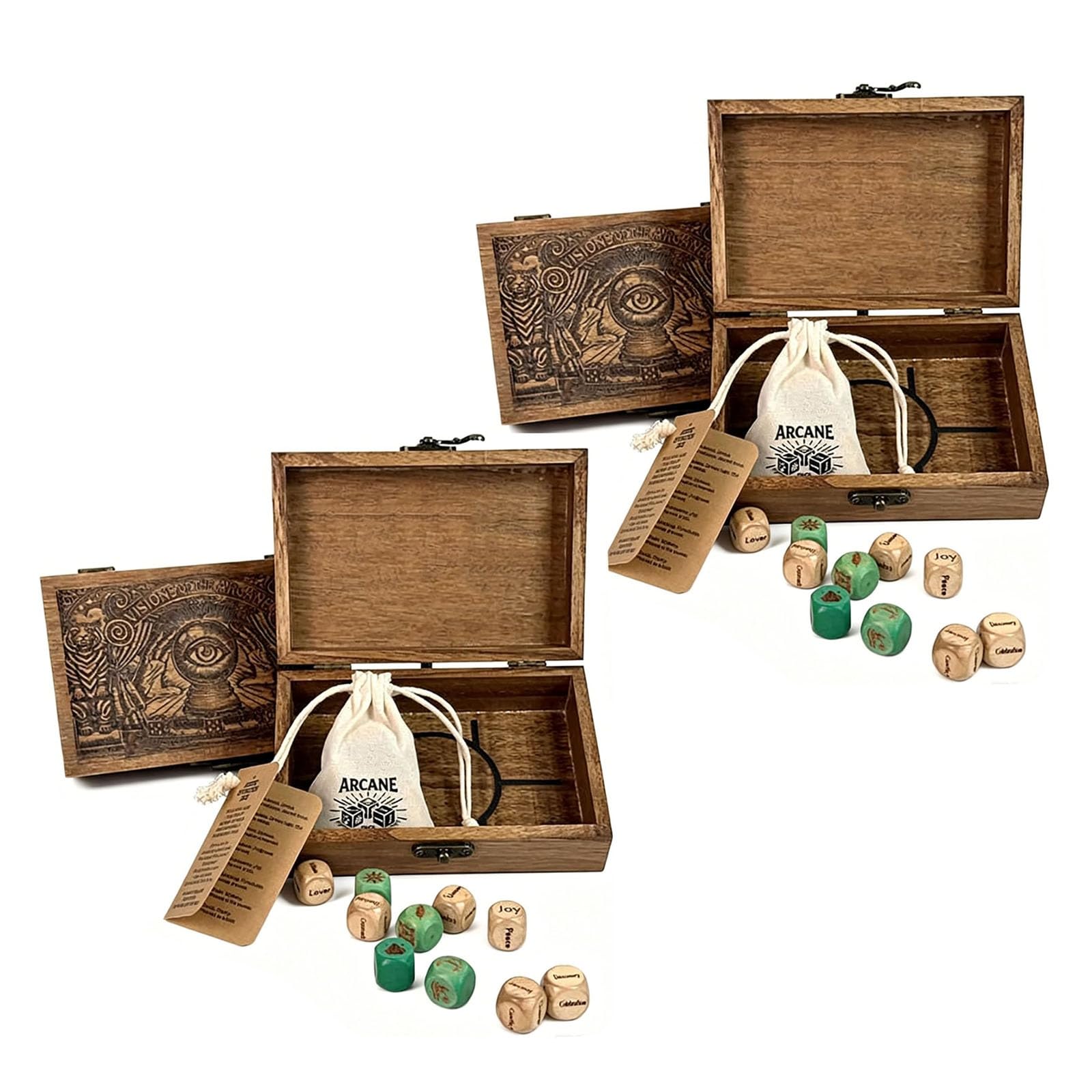Arcane Divination Dice Set – Engraved Wooden Box, Oracle Dice for Tarot Ritual, Handcrafted Intuition Amplifier for Astrology Rune Casting, Fortune Telling, and Spiritual Guidance (2Pcs)