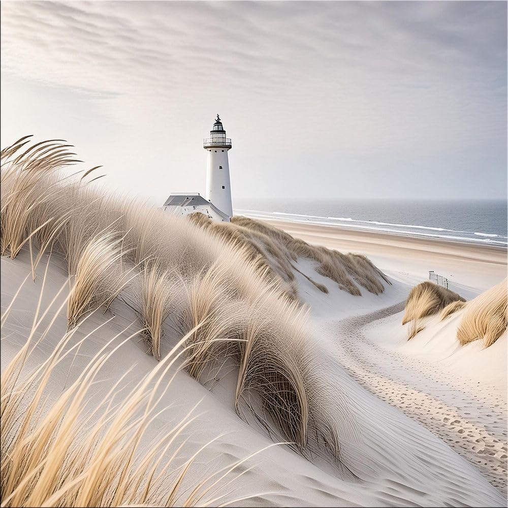 artissimo Bild aus Glas 50x50 cm Strand und Meer Leuchtturm Dünen AG5566A – modernes Glasbild Wandbild Quadratisch, Wanddeko Wohnzimmer, beige, maritim skandinavisch