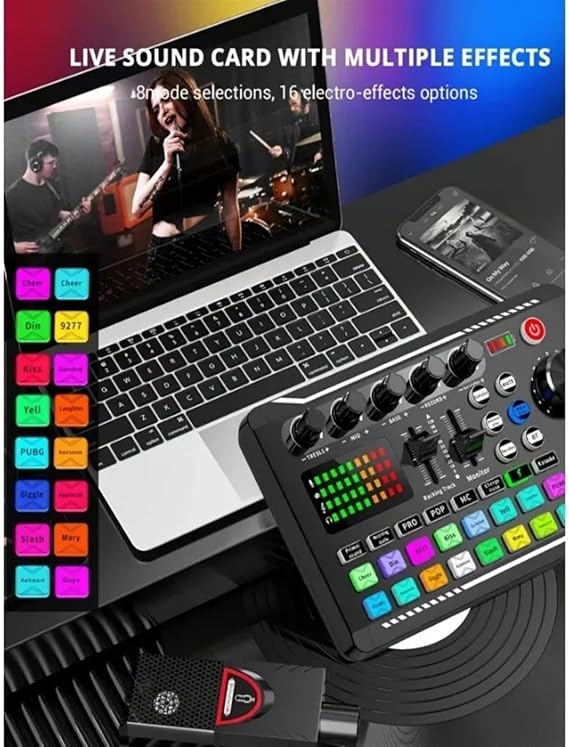 DJ Controller F998 Live Sound Card and Audio Interface with DJ Mixer Effects and Voice Changer, Stereo Audio Mixer DJ starter kit