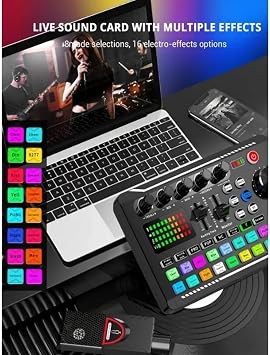 DJ Controller F998 Live Sound Card and Audio Interface with DJ Mixer Effects and Voice Changer, Stereo Audio Mixer DJ starter kit