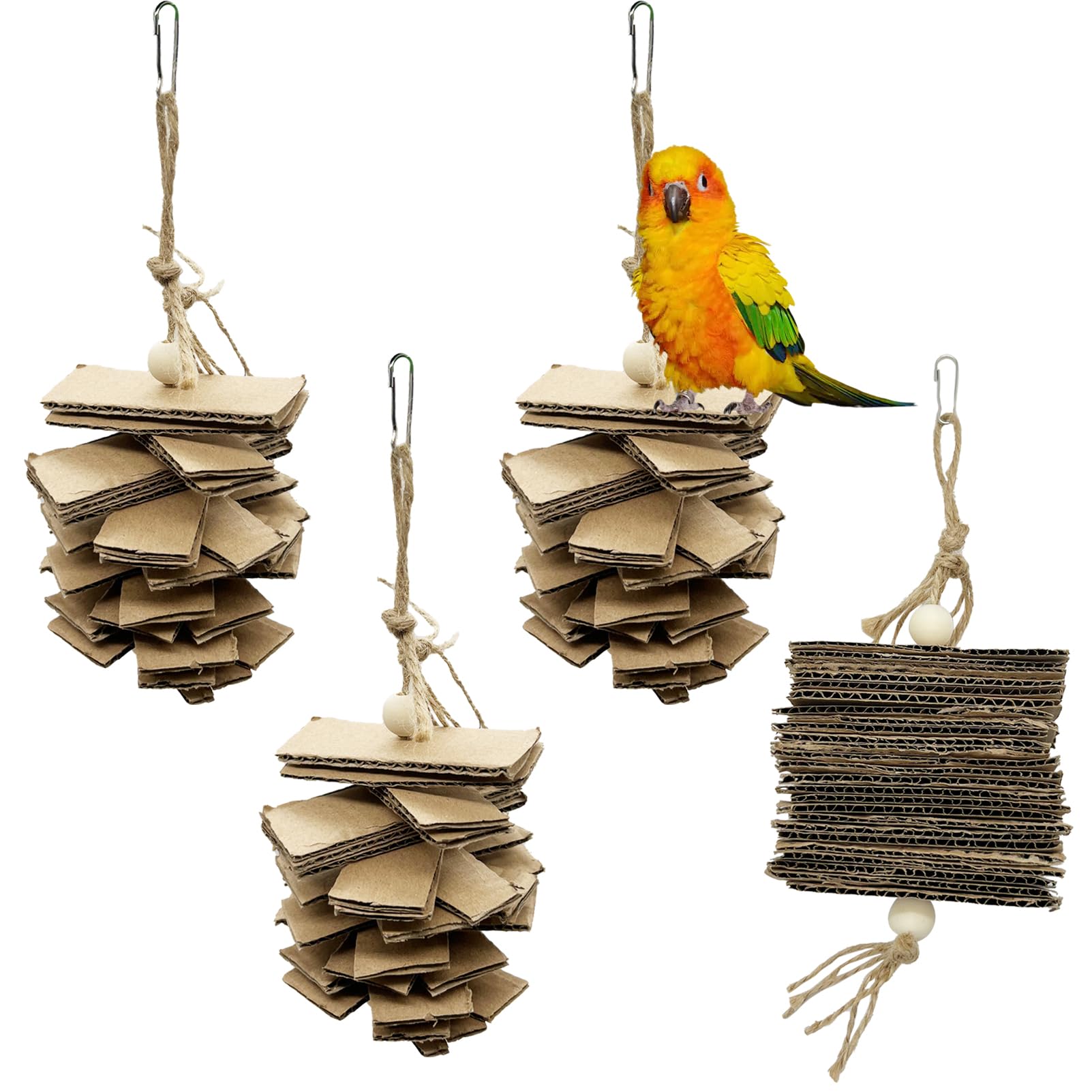 LWINGFLYER 4 Pack Small Parrot Chew Toys Natural Cardboard Paper Hanging Bird Shredding Toy for Budgies Conures Cockatiel Parakeet Lovebirds Canary