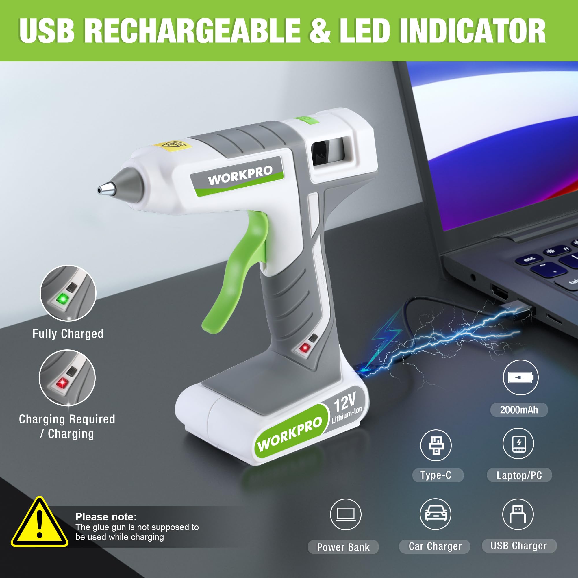 WORKPRO Kabellose Heißklebepistole, 12 V, wiederaufladbar, schnelles Vorheizen, Heißklebepistole, Set mit 15 Klebestiften in voller Größe (11 x 200 mm), batteriebetriebene Heißklebepistole für
