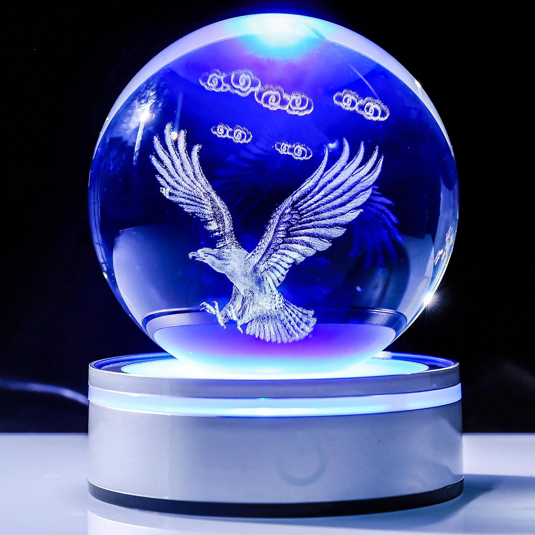YWHL 3.14" 3D Crystal Ball Eagle Figurine Gifts with Colorful LED Base Laser Engraved Glass Bald Eagle Statue Sphere Ball Decor for Office Desk Inspirational Eagles Gifts for Men Women