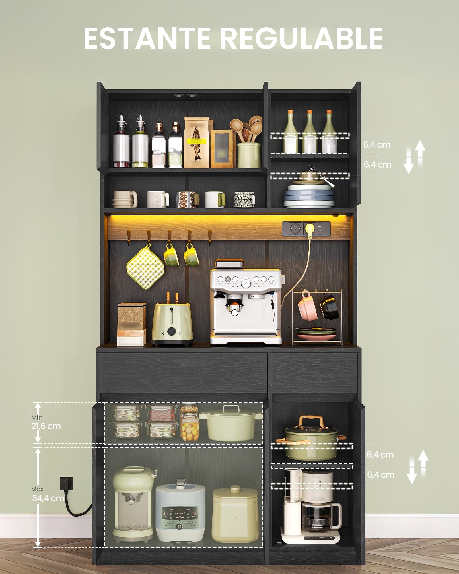 Hzuaneri Alacena de Cocina, 180 cm Aparador Comedor, aparador Cocina con regleta y Tira de Luces LED, encimera y 2 cajones, estantes Regulables,área culinaria, salón, Negro PT00204XEU
