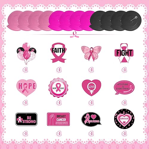 Miniatura 5 de 24 piezas colgantes de conciencia sobre el cáncer de mama, decoración de techo para fiesta de cáncer de mama, cinta rosa, fortaleza, coraje para
