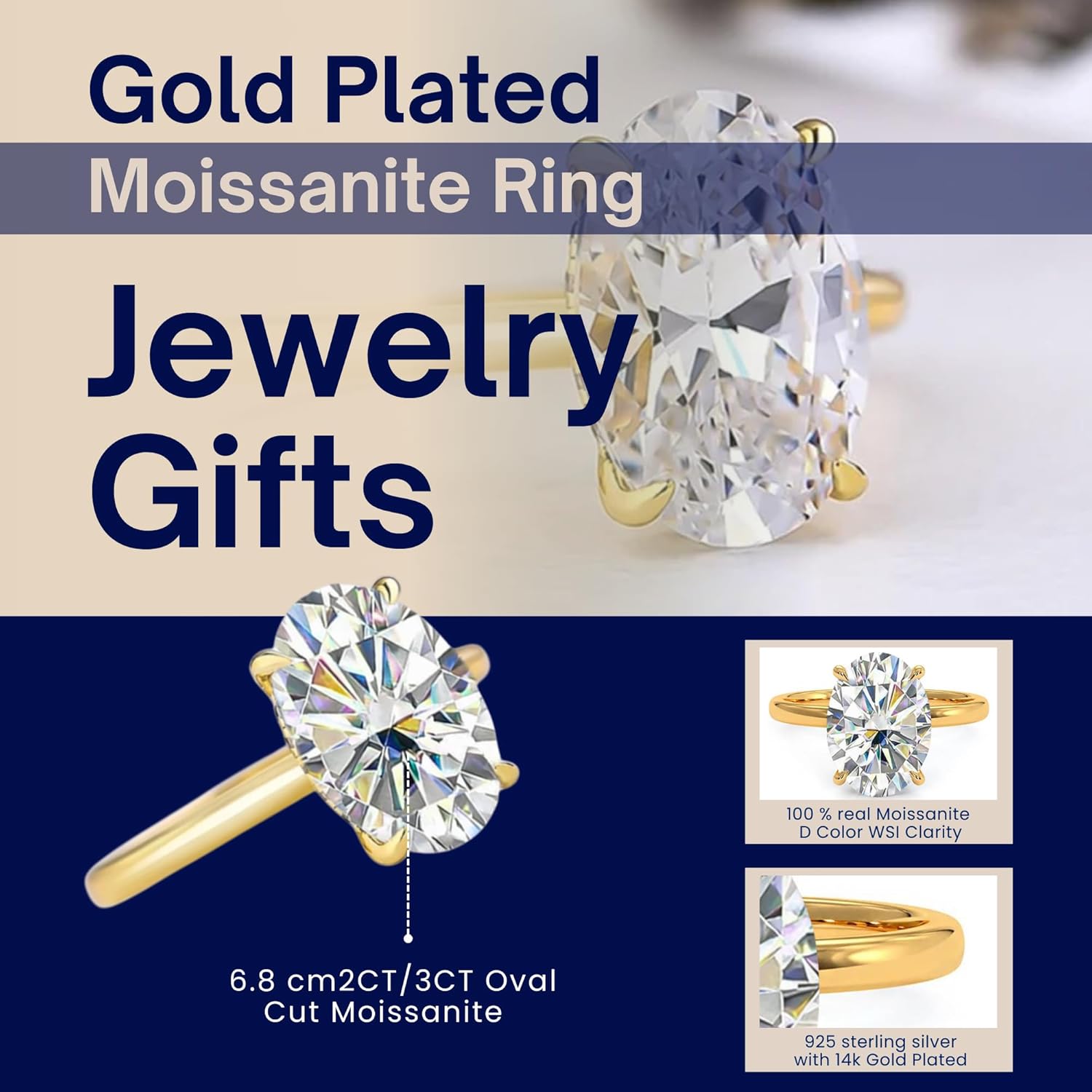 Moissanite Engagement Rings for Women 925 Sterling Silver Oval Cut Moissanite 14k Gold Plated Wedding Promise Rings for Her Wedding Bands for Women Lover Size 5-9