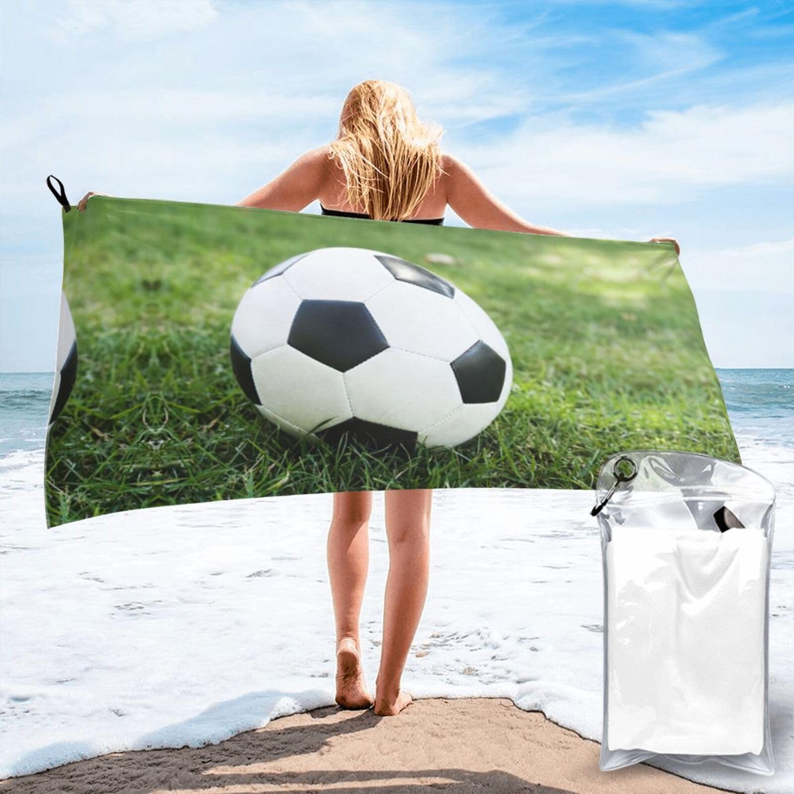WYCZHY Soccer Ball On Grassy Print Beach Towel Soft Quick Dry For Spa Pool Gym Vacation Travelers Women Men Adults Sauna Gift