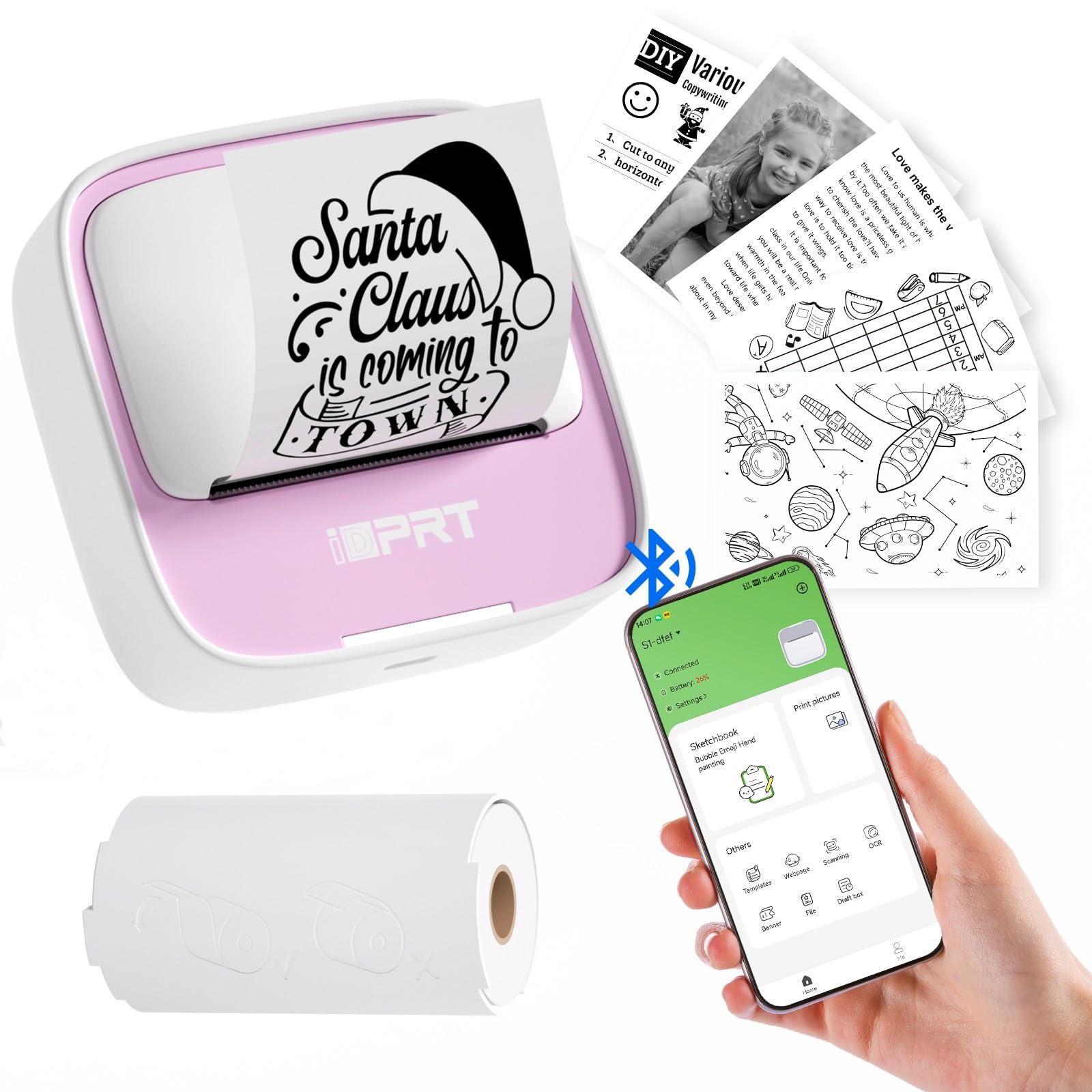 iDPRT Portable Mini Thermal Sticker Printer, Bluetooth Inkless Printers with 1 Roll Sticker Paper, Sticker Machine for Notes, Journal, DIY, Label