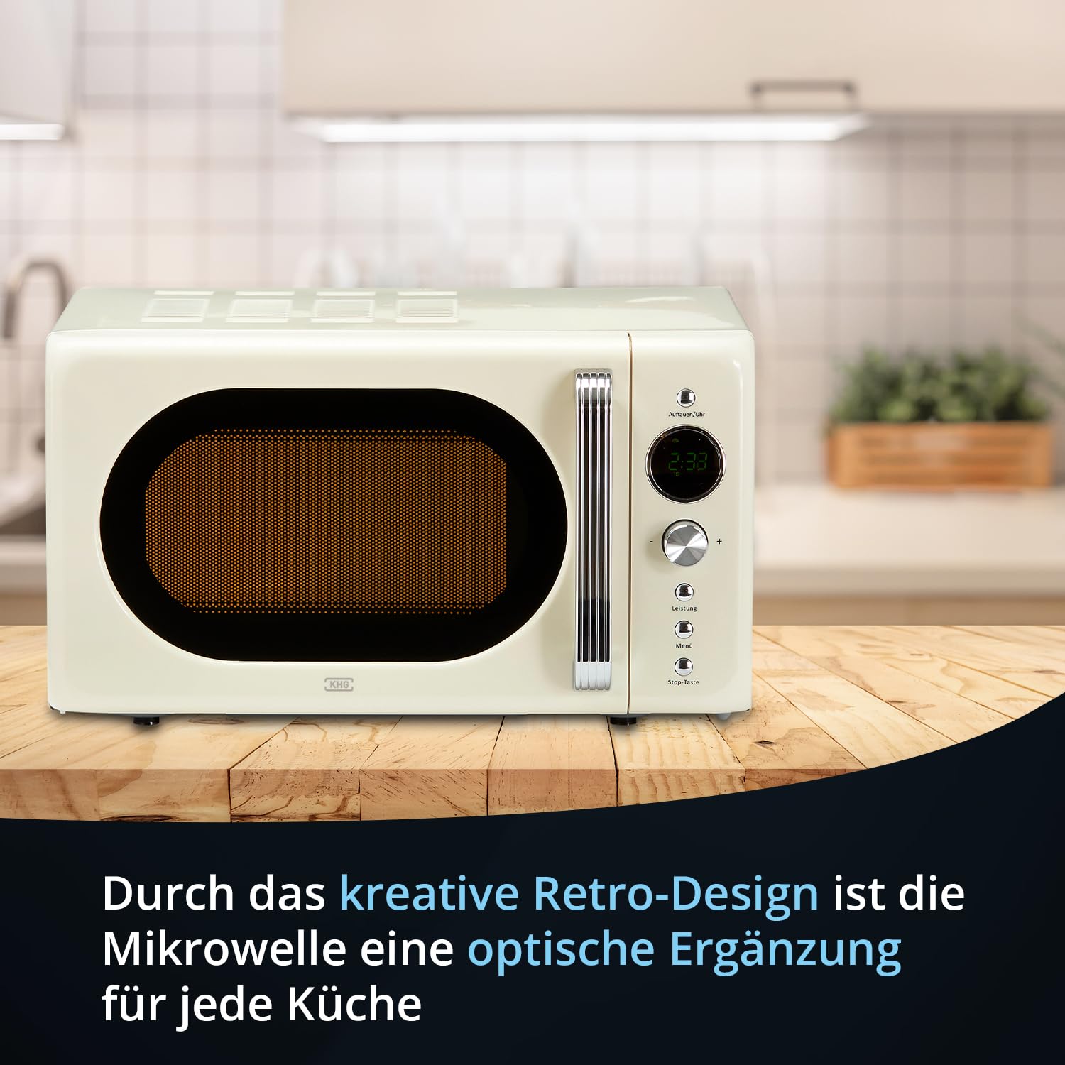 KHG Mikrowelle MW-20R2(C) 20L aus Metall in creme, 8 Automatikprogramme, 6 Mikrowellenleistungen, bis 1.200 Watt, inkl. LED-Anzeige, 60-Minuten-Timer, Drehteller und Kindersicherung
