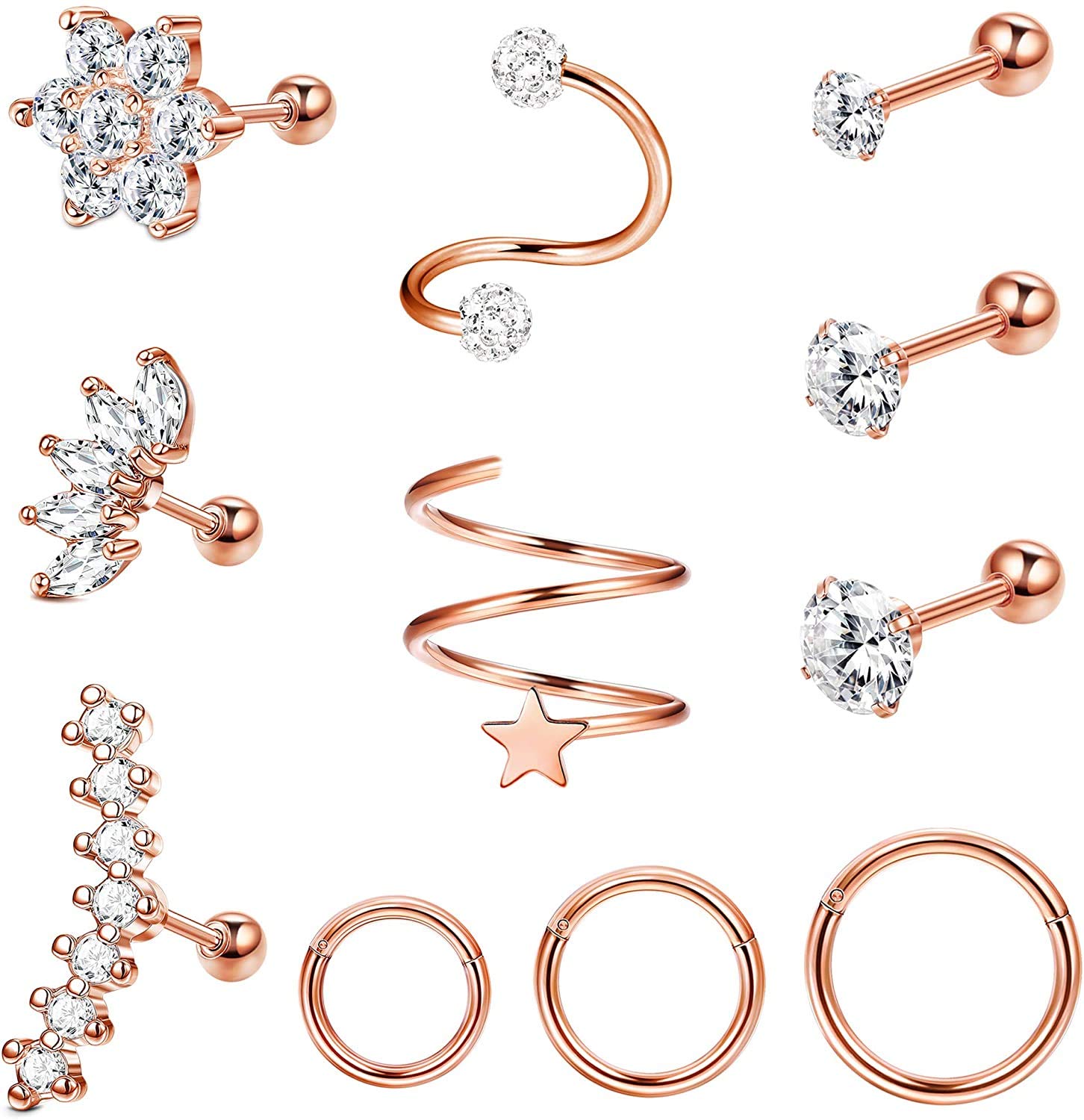 MILACOLATO Pendientes de cartílago de oreja de acero inoxidable Aros para mujeres Niñas Tragus Helix Conch Piercing CZ Barbell Stud 16-18G