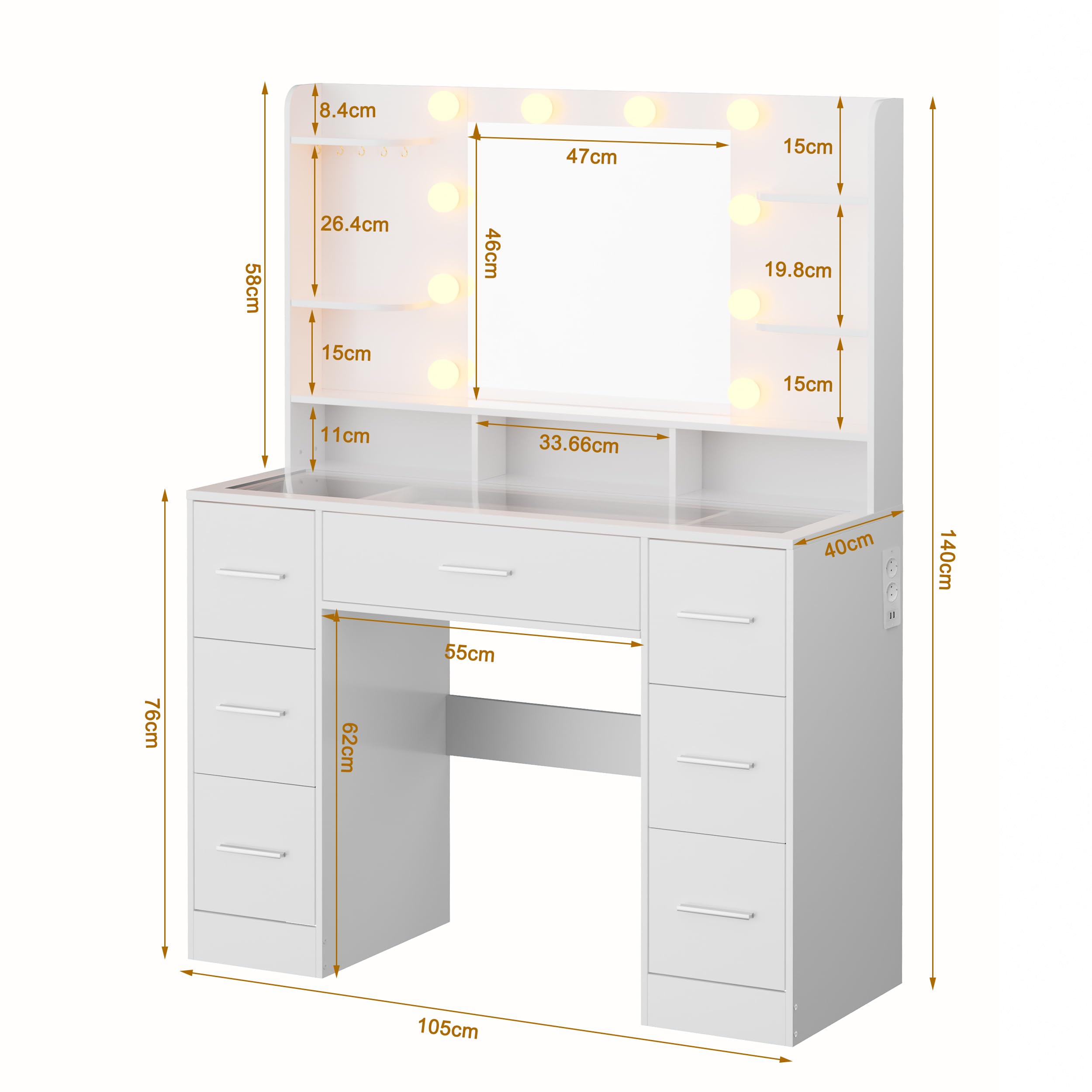 Coiffeuse Lumineuse avec Miroir LED, Table de Maquillage Moderne, Station de Chargement USB, Rangements Réglables, Plateau en Verre, Éclairage 3 Températures