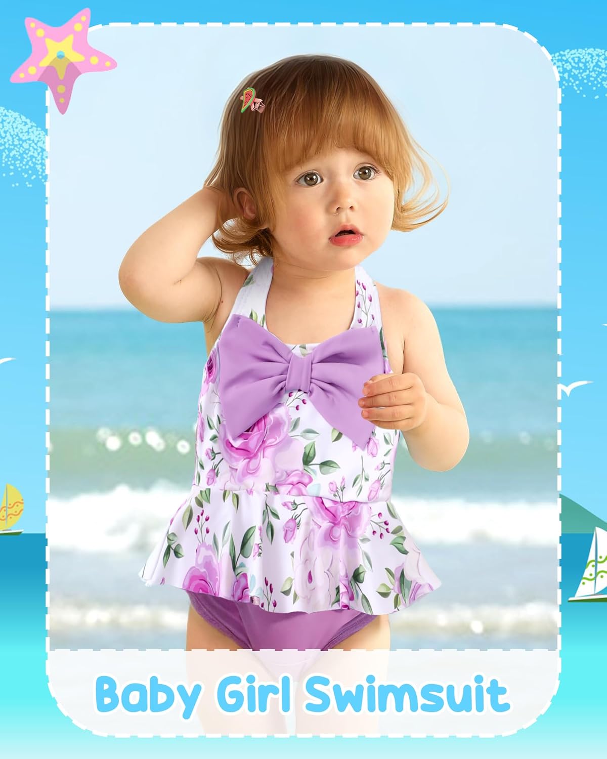 Kucnuzki Baby Girl Swimsuit Newborn One Piece Bathing Suit Bow Tie Bikini Tankini Infant Swimwear with Hat - Image 2
