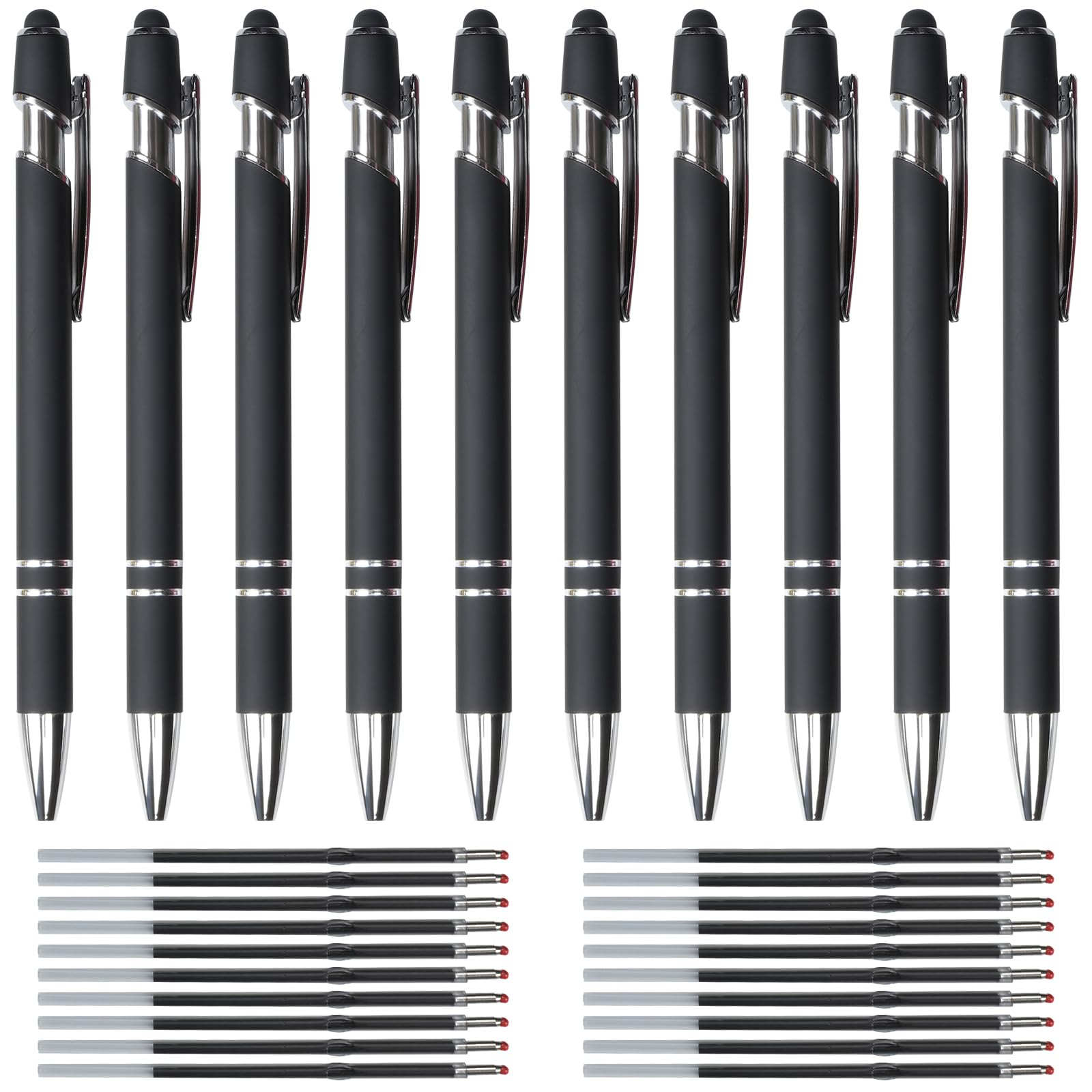Hengxinc 10 pcs Ballpoint Pens Retractable Multipack with Stylus Tip, 2 in 1 Durable Pens with 20 pcs Refills, Ergonomic Black Ink Pens Set, Funny Pens for Work Colleagues Women Men Office Gift