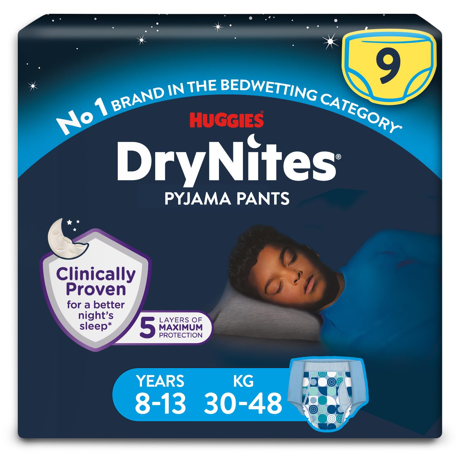 Huggies DryNites Pyjama Pants, Boys 8-13 Years (30-48KG), Up to 100% Leak Free Nights, Bedwetting Pants, 9 Count
