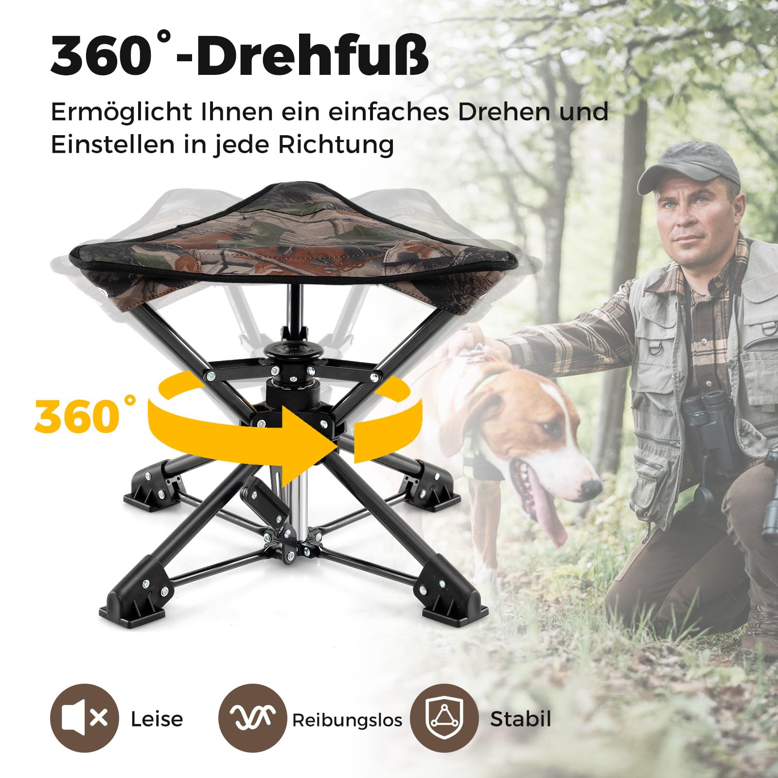 COSTWAY Klapphocker faltbar, 360° drehbarer Campinghocker, Falthocker mit Anti-Sink-Füßen & Tragetasche, tragbarer Camping Hocker bis 150 kg belastbar, Angelhocker für Camping, Jagen, Angeln (Tarnung)