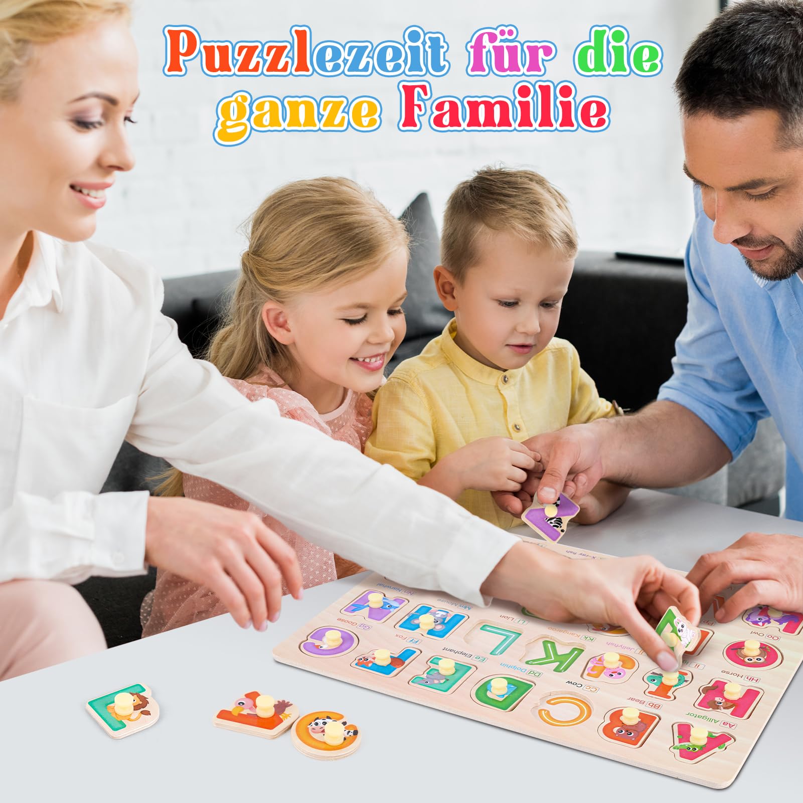 6PCS Kinder Holzpuzzle Spielzeug ab 3 Jahre, Montessori Spielzeug Puzzle ab 3 4 5 Jahre, Kinderspielzeug Steckpuzzle - Lernen Alphabet, Zahlen, Formen, Tiere, Lernspiele Geschenke für Jungen Mädchen