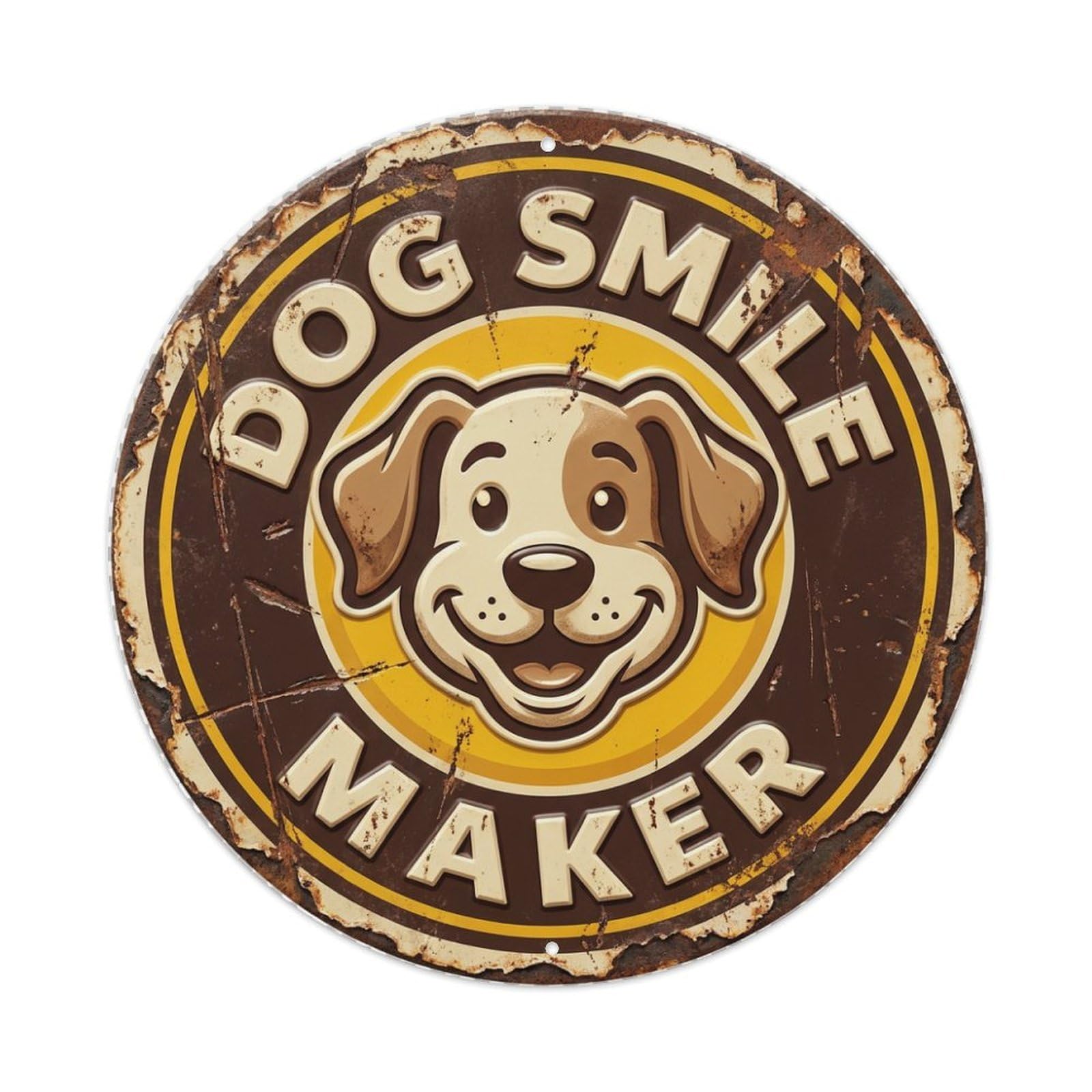 Dog Smile Maker Woof Metal Tin Sign Plaque Wall Decor for Cafe, Club Bar, Office, Home Garden Round Metal Poster 8x8Inch