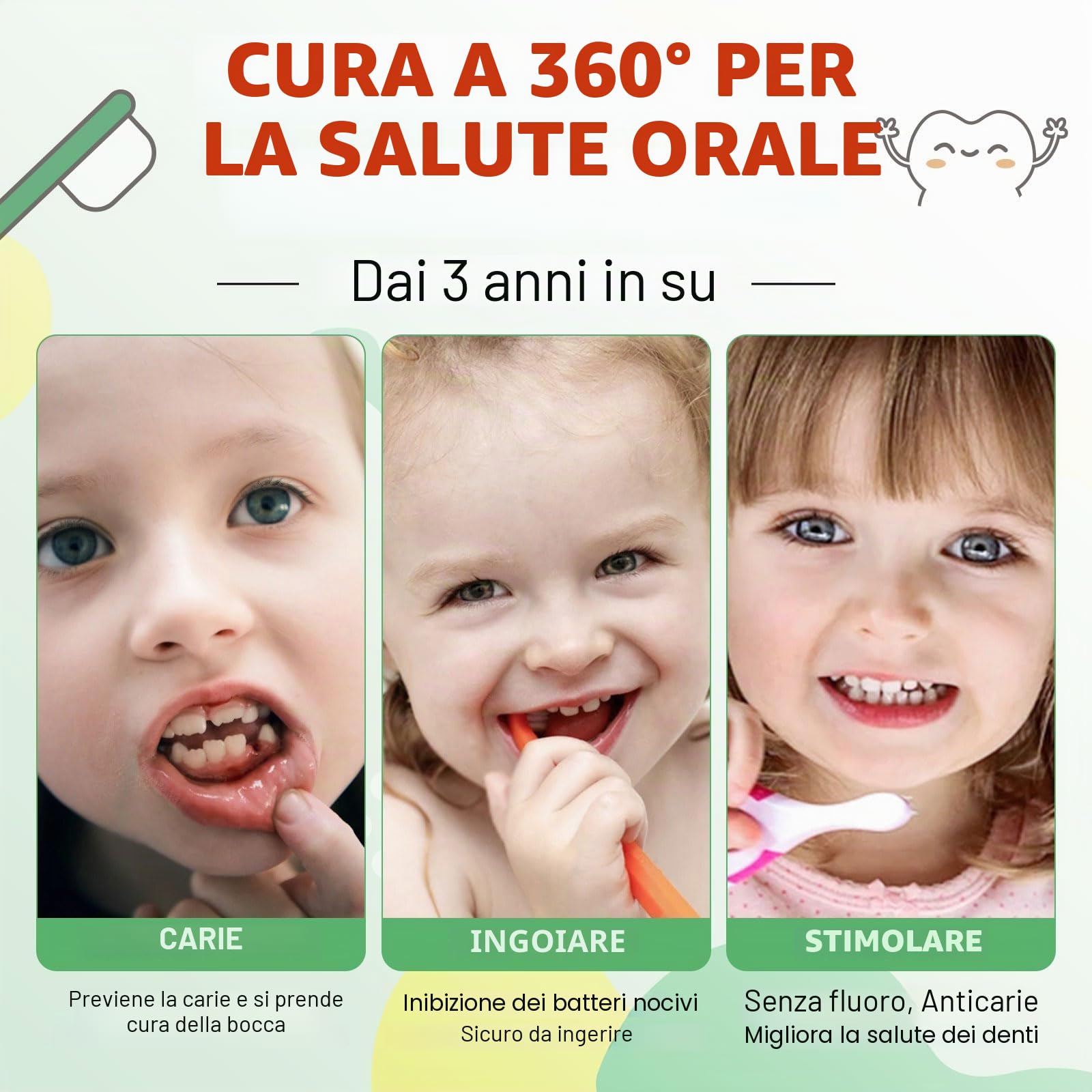 Dentifricio Schiuma Bambini, Riduce la Placca, Dentifricio in Schiuma Sbiancante a Basso Contenuto di Fluoro con Formula Naturale per Spazzolino a Forma di U dai 3 Anni in su (Fragola & Anguria)