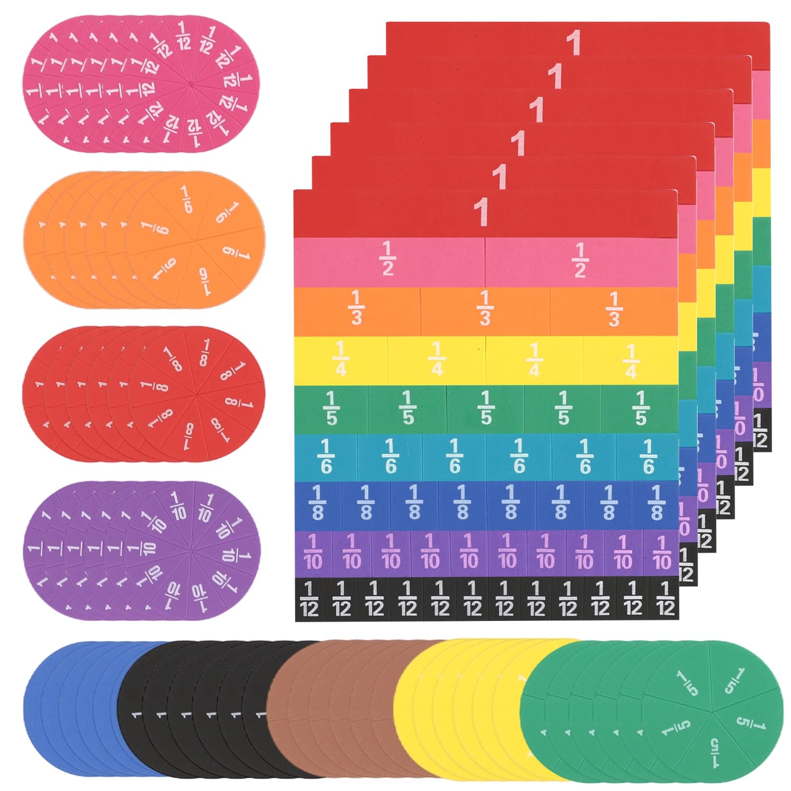 12 juegos de manipuladores de fracciones: azulejos y círculos de fracción, colores arcoíris de EVA, cobertura de fracciones de 1/1 a 1/12, herramienta de aprendizaje visual para matemáticas