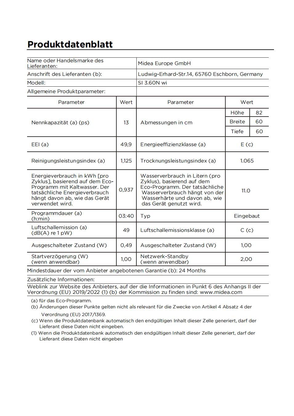 Midea SI 3.60N Geschirrspüler 60 cm Teilintegriert 13 Maßgedecke WiFi Extra Trocknung 7 Programme 49dB Inox