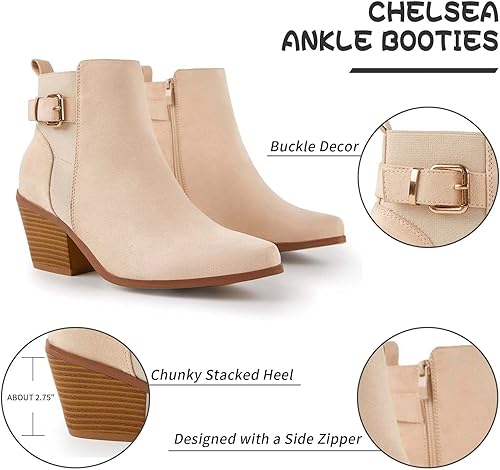 Miniatura 3 de TINSTREE Botines de punta para mujer, con botones y hebilla, para decoración de tacón grueso apilado, botines de moda con cremallera lateral, piel