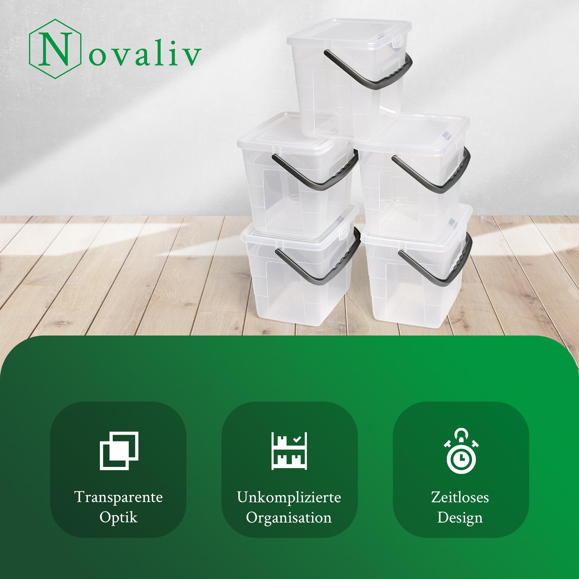 Novaliv 5 Cajas de Detergente Con Tapa de 4 Litros - Transparente, 23,5 x 18 x 18,5 cm - Caja de Almacenamiento Con Asa, Depósito y Contenedor Para Polvo